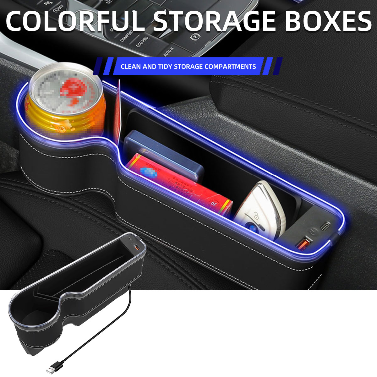 Seat Gap Filler Organizer With Usb Charger - Auto-Sitzspalt-Füller mit Getränkehalter, USB-Ladegerät, RGB-Wechsel-LED, Auto-Spalten-Aufbewahrungsbox,