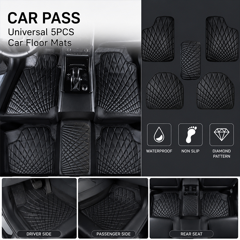 Car Floor Mats Universal Waterproof Leather - CAR PASS Universal 5-teiliges Leder-Autofußmatten-Set, Wasserdicht,