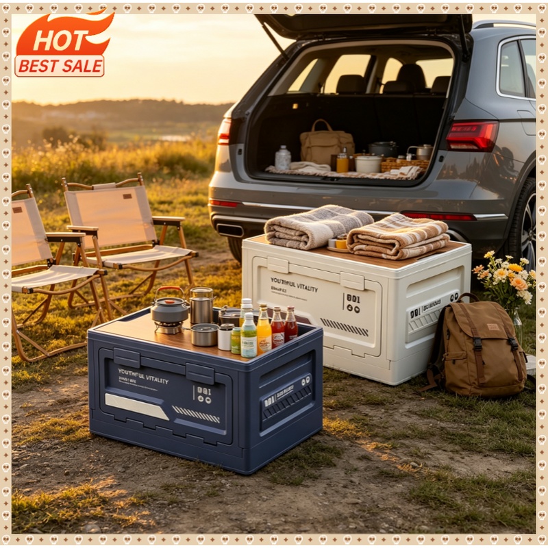Car Trunk Organizer Foldable Storage Box - Outdoor-Aufbewahrungsbox Camping-Faltbox Camping-Organizer Kofferraumbox mit Holzdeckel